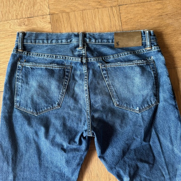 Todd Snyder 34x30 Mens Slim Fit Denim Jeans Blue Distressed Button Fly Selvedge - Picture 3 of 13